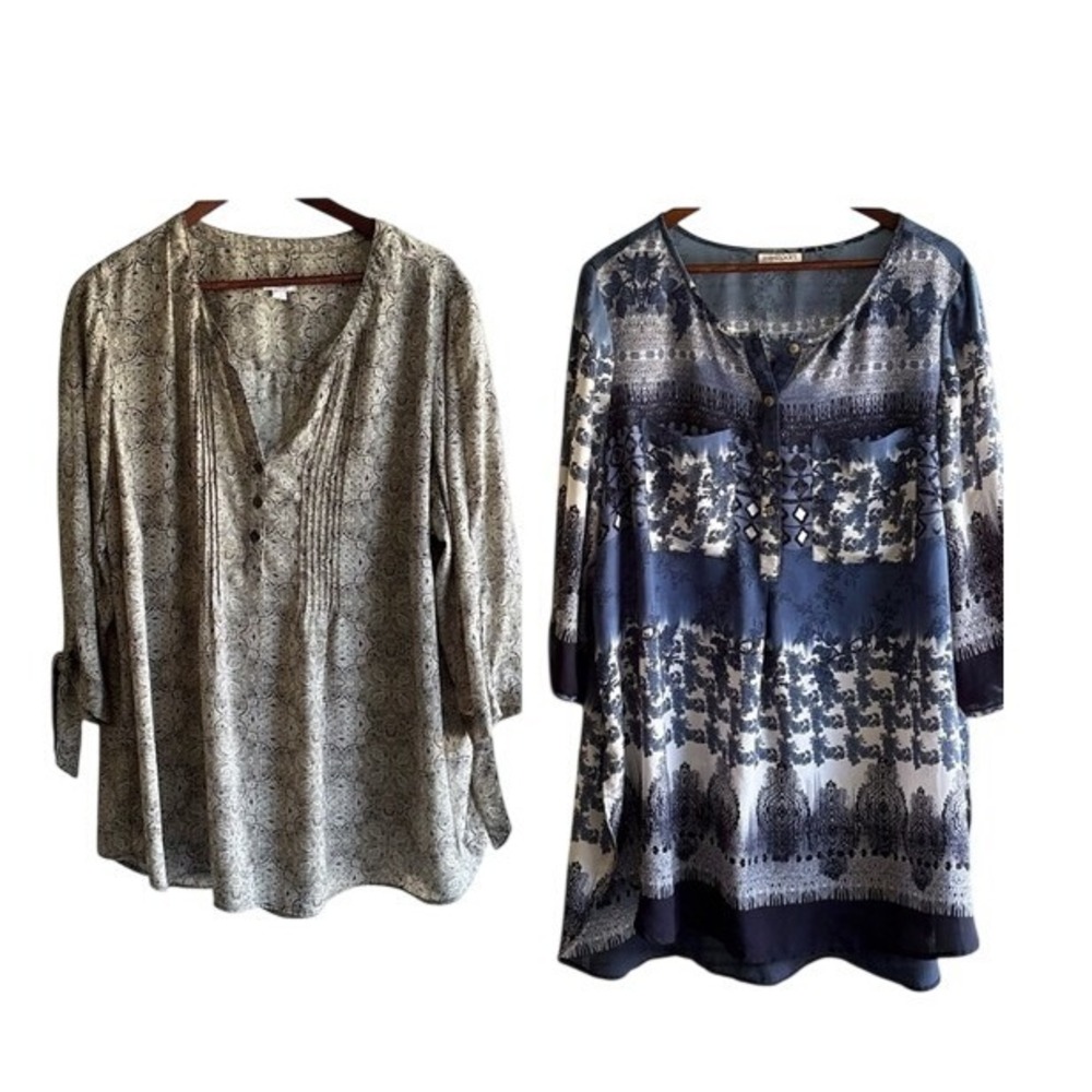 (2) Westport Tunic Tops 3X Multicolor Boho Earthy Fall Tie Sleeve Shirt Blouse
